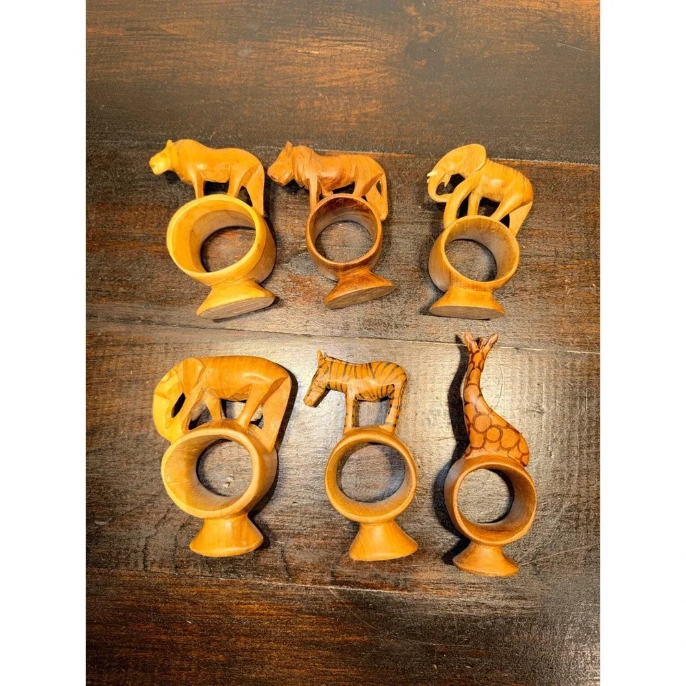 6 Hand Carved Wooden Africa Kenya‎ Safari Animal Napkin Rings